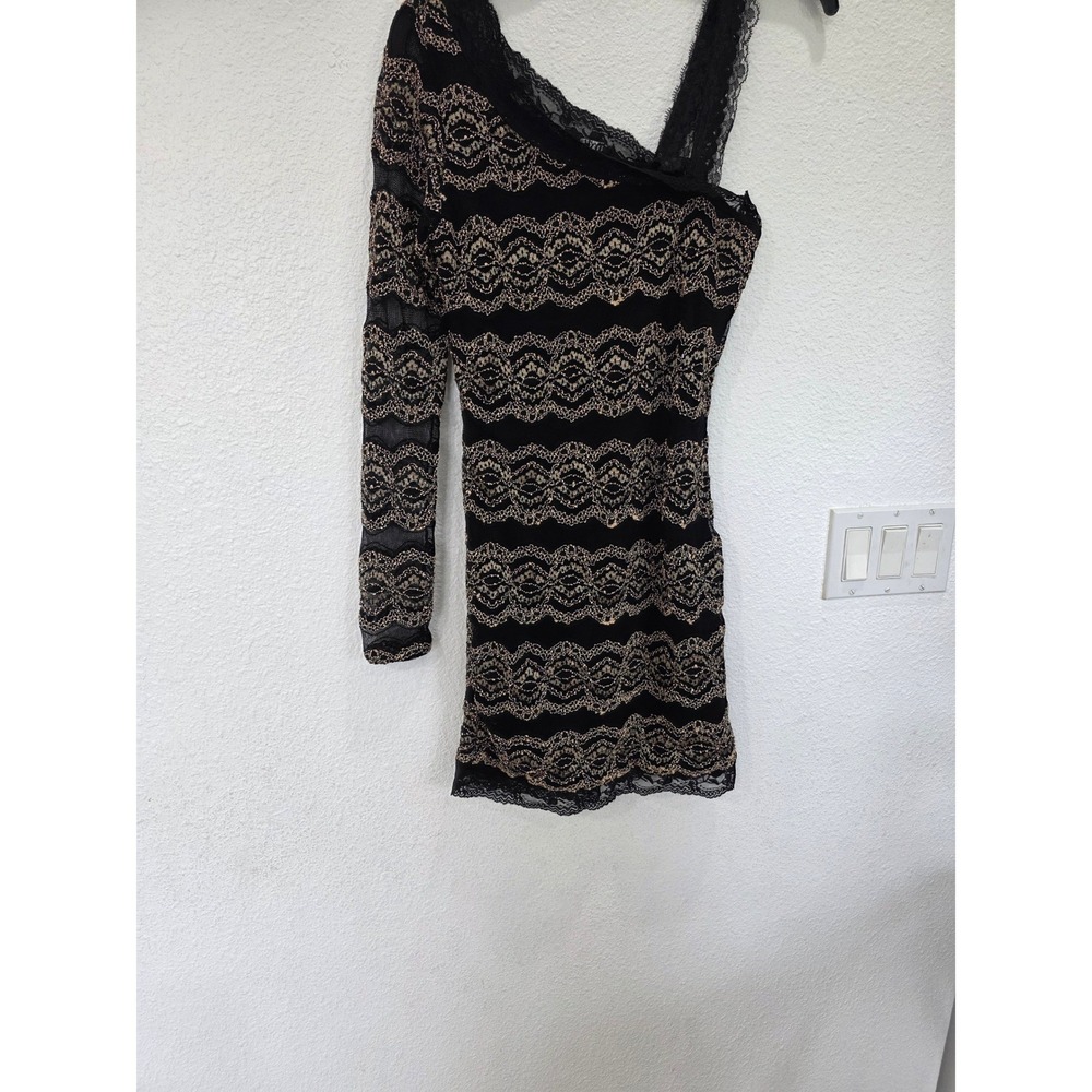 Black Gold Lace One Shoulder Long‎ Sleeve Mini Dress Party Sexy